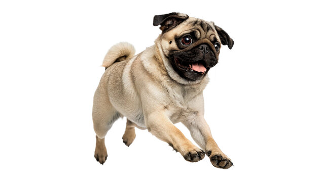 Cute pug puppy running playful active domestic pedigree pet dog isolated on transparent background cut out