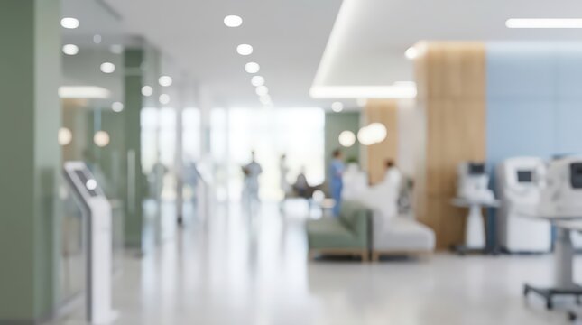 out of focus wide shot of a modern hospital lobby, featuring healthcare professionals, minimalist waiting area, bright contemporary clinical interior.