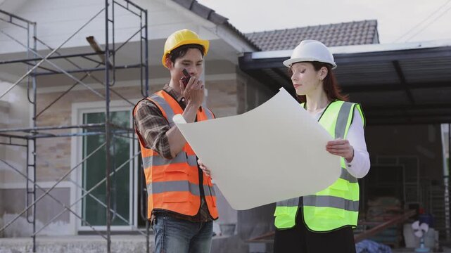 Civil engineers reviewing blueprint on construction site and celebrating success with a high five after a successful meeting