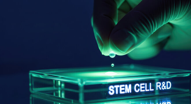 Stem cell pharmaceutical research and development with gloved hand dropping liquid on illuminated glass box showing innovative scientific progress