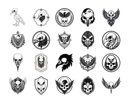 Monochrome skull and raven emblem in vintage badge style vector design or Black and white raven skull crest badge in ornate frame style vector design