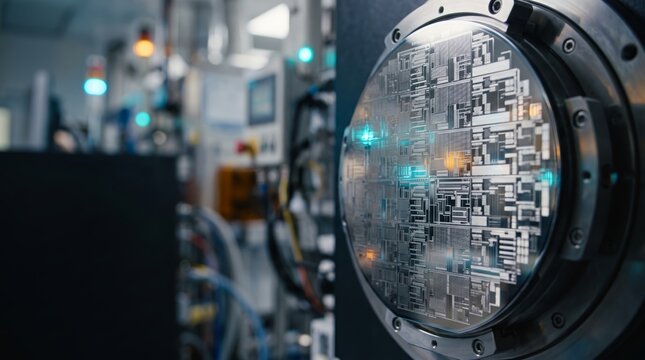 Close-up of a semiconductor silicon wafer with microchip patterns in a high-tech manufacturing facility