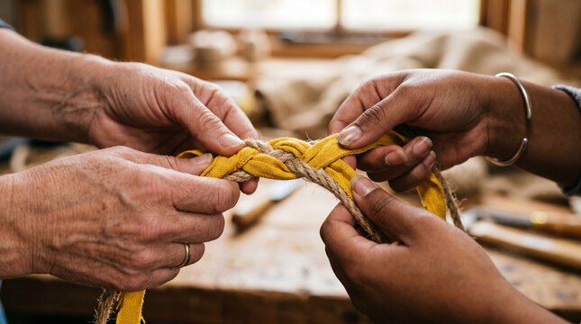 Hands braiding yellow fabric and rope craft, teamwork and DIY skills