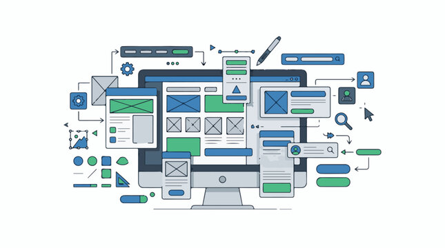 A graphic illustration of various digital interface elements and computer screens