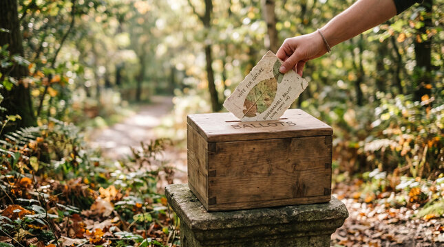 Hand casting paper ballot into wooden vote box outdoors in forest park