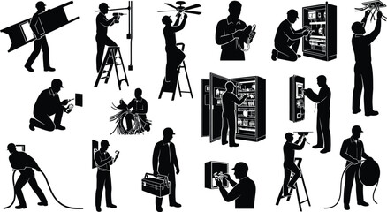 Obraz premium Electrical workers silhouette collection performing various jobs on a white background