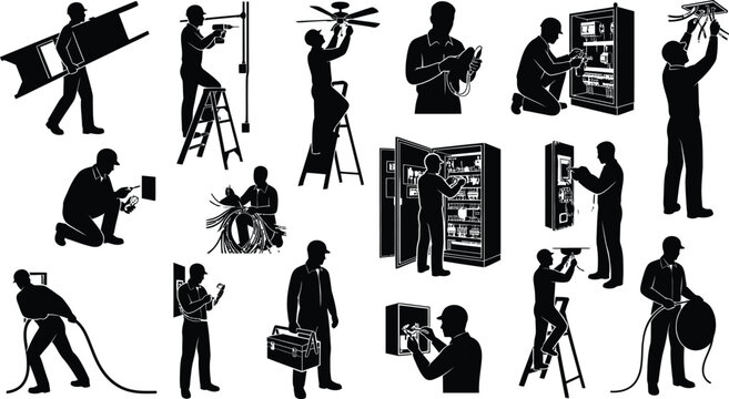 Electrical workers silhouette collection performing various jobs on a white background