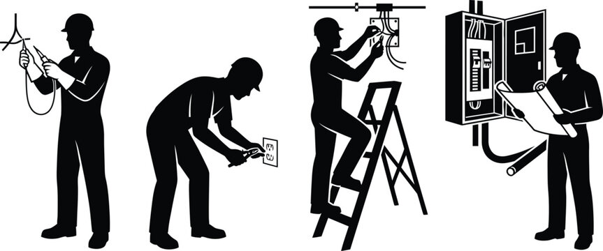 Electrical work stages silhouette showing lineman installing and inspecting power systems on white background