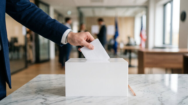Man casts ballot into voting box in election day, democracy concept