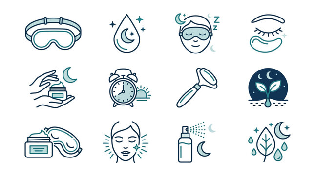 Clean Skincare Routine Icons Set with Sleep Themed Illustrations in Light and Dark Blue Featuring Goggles Water Face Mask Eye Alarm Serum Massager Glowing Face Spray Bottle