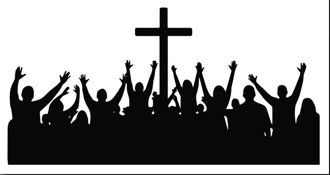 Christian Worship Congregation Silhouette with Cross Praise and Faith Celebration Vector Illustration