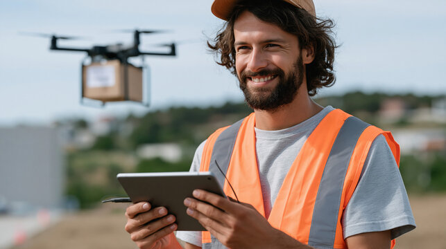 Engineer in a high-visibility vest operating a control tablet while a delivery drone hovers above an open field at a logistics testing facility, drone delivery trial, unmanned aerial vehicle cargo t