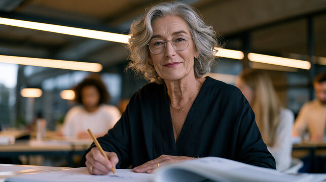 Retired art director age sixty four sits in a co working space surrounded by young designers, sketching in a large pad with confident strokes, her portfolio open on the table, career reinvention ene