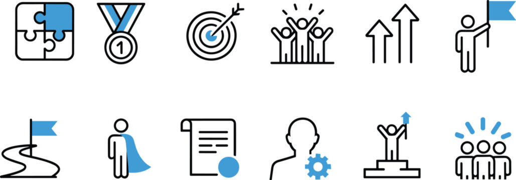 Business success and leadership icon set with flat line blue accent style for corporate growth conce