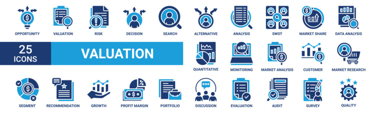 Valuation icon set. Containing opportunity, risk, decision, search, alternative, analysis, swot and more. Solid vector icons collection.