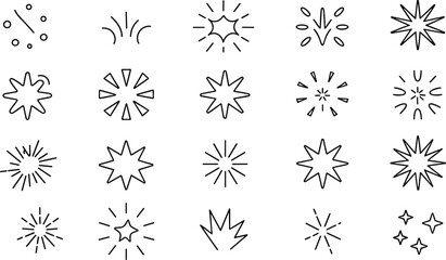 Spark and explosion linear icon set with minimal geometric splash pop starburst flash line art elements © Yesrath Hasan