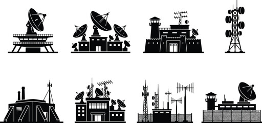 Fototapeta premium Communication Tower and Satellite Station Silhouette Vector Set with Telecom Infrastructure Icons