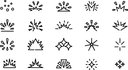 Spark and explosion linear icon set with minimal geometric splash pop starburst flash line art elements © Yesrath Hasan
