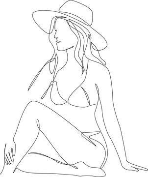 continuous line drawing of a woman in a bikini and sun hat sitting on beach, line art vector illustration