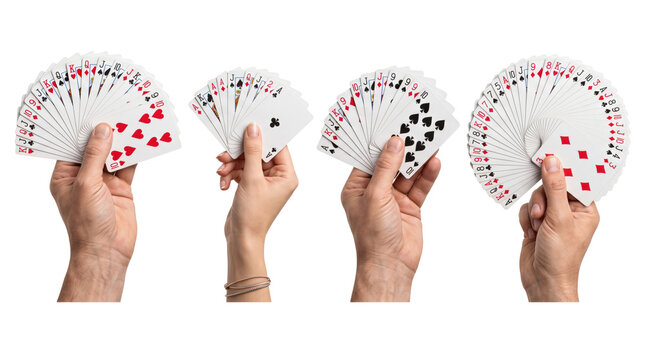 Hands holding fanned out playing cards on transparent background