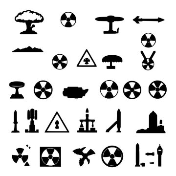 Nuclear weapon symbols set with a 4x4 grid of black and white minimalist vector icons featuring mushroom cloud, atomic symbol, radiation warning signs with bombs and missiles