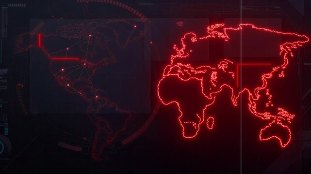 Futuristic digital world map with glowing red neon lines and global connections concept