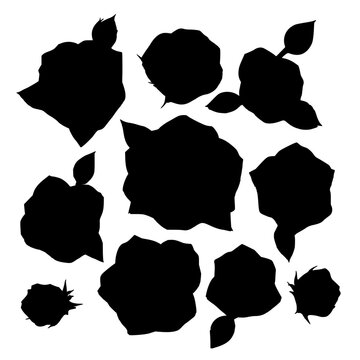 Collection of twelve black roses with intricate details, arranged in a scattered composition on a white background, showcasing various stages of bloom from fully open to bud form. The roses are dep...