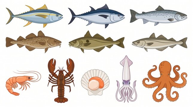 Various fish, crustaceans, and mollusks are displayed on a white background as food items