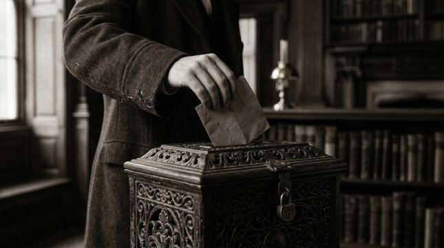 Man Casting Vote in Ornate Ballot Box in Library