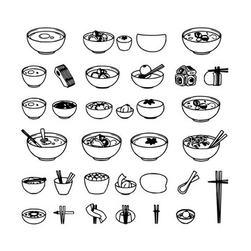 Asian dishes set with 24 simple black-and-white line drawings arranged in a 6x4 grid featuring sushi, dumplings, noodles, rice, soup with minimalist illustration and vector graphics