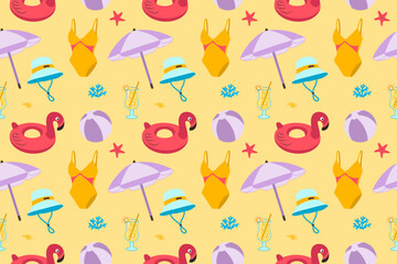 Fototapeta premium Beach pattern with vector elements on a yellow background