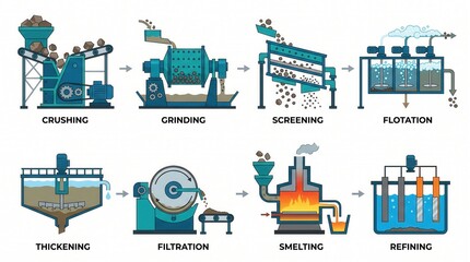 Fototapeta premium 8-step ore process: crushing, grinding, screening, flotation, smelting, and refining