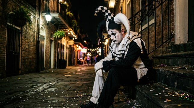 Sad jester clown in a black and white costume sitting alone on a dark historic cobblestone alley at night