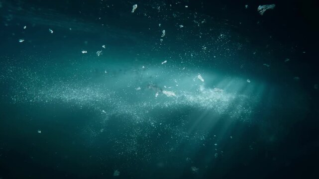 Close up of microplastics and particles floating in water with light reflection