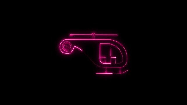 Purple and cyan outline helicopter with pilot figure on black background icon symbol