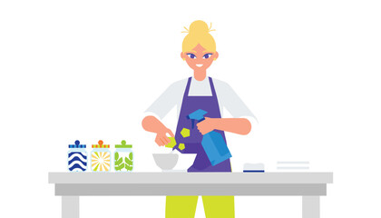 Fototapeta premium Woman with blond hair wearing a purple apron standing at a table spraying a cleaning liquid into a bowl while preparing household supplies.