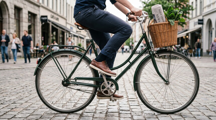 Fototapeta premium Man riding vintage bicycle with basket of groceries on cobblestone street