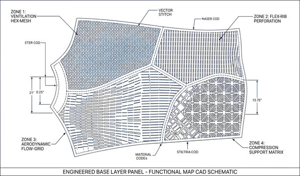 Engineered base layer panel functional map CAD schematic textile design architectural blueprint vector illustration