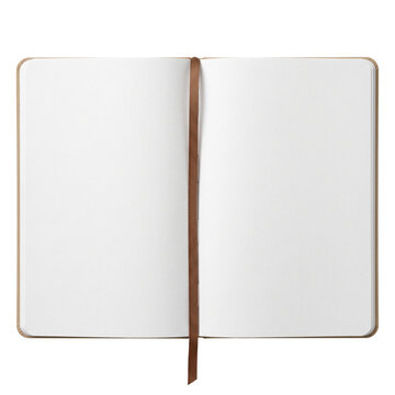 Open blank diary with brown ribbon bookmark on transparent background