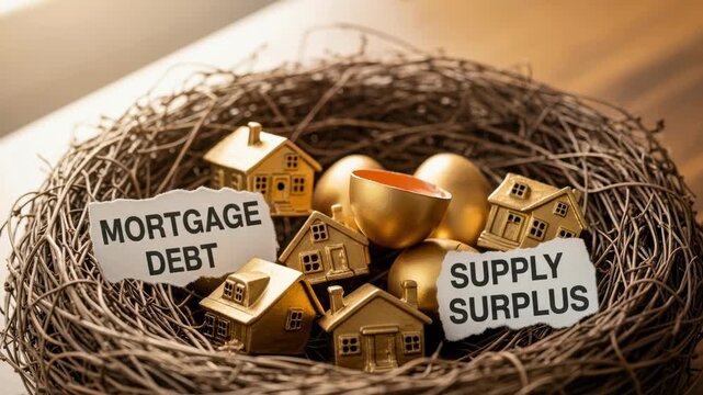 Housing market bubble with golden eggs and miniature houses in nest symbolizing mortgage debt supply surplus risks affecting economic stability growth