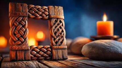 Obraz premium Intricate Viking Carved Rune Frame in Dark Oak with Candle and Stones