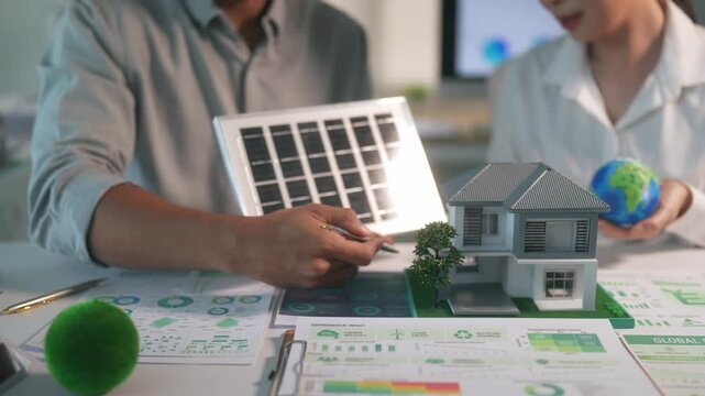 Engineers discussing solar energy for an eco friendly house with a miniature model and environmental data