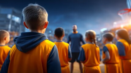 Obraz premium Coach Motivating Youth Basketball Team in Dynamic Huddle from Back View