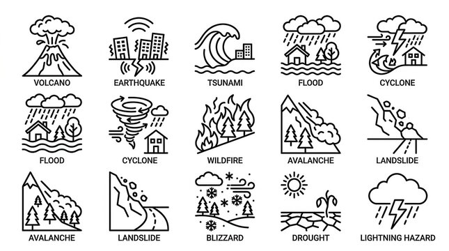 Natural hazard line icons: volcanoes, quakes, floods, blizzards