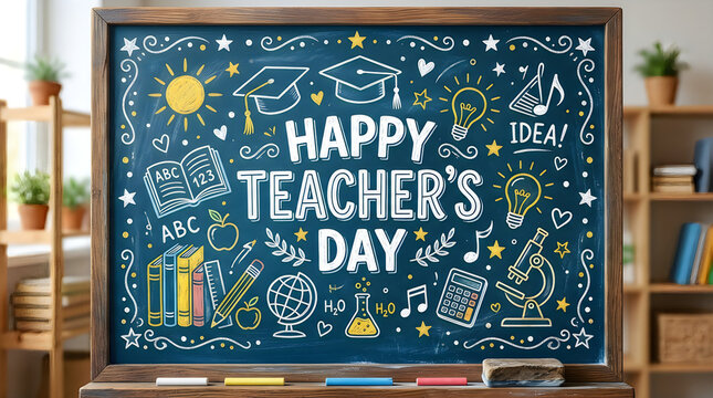 Chalkboard showing message happy teacher day with drawings of school items and graduation.
