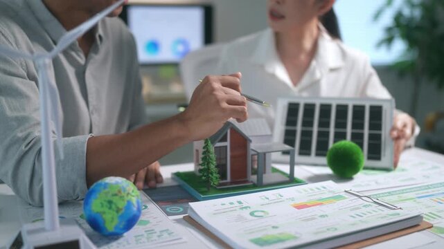 Engineers discussing clean energy for a sustainable house model with solar panels and wind turbines on their office desk