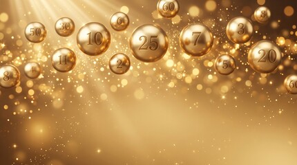 Fototapeta premium Shiny golden lottery balls with numbers floating on elegant bokeh background