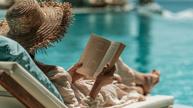 Woman Enjoys Reading by the Swimming Pool on a Lounge Chair During a Sunny Day