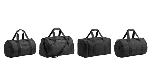 Set of black sports duffel bags in different views