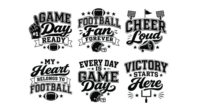 Set of six black and white graphic designs for American football fans and game day celebrations